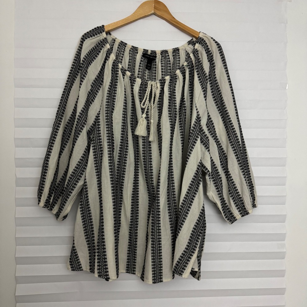 Lane Bryant Black Beige Striped Cotton Peasant Boho Top Tassel Tie Size 26/28